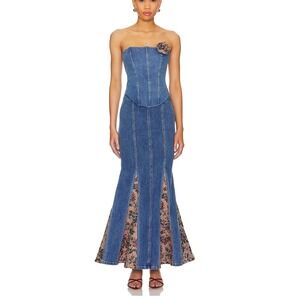 Majorelle‎ Women's Denim Floral Maxi Skirt Unique Mermaid Style Size L